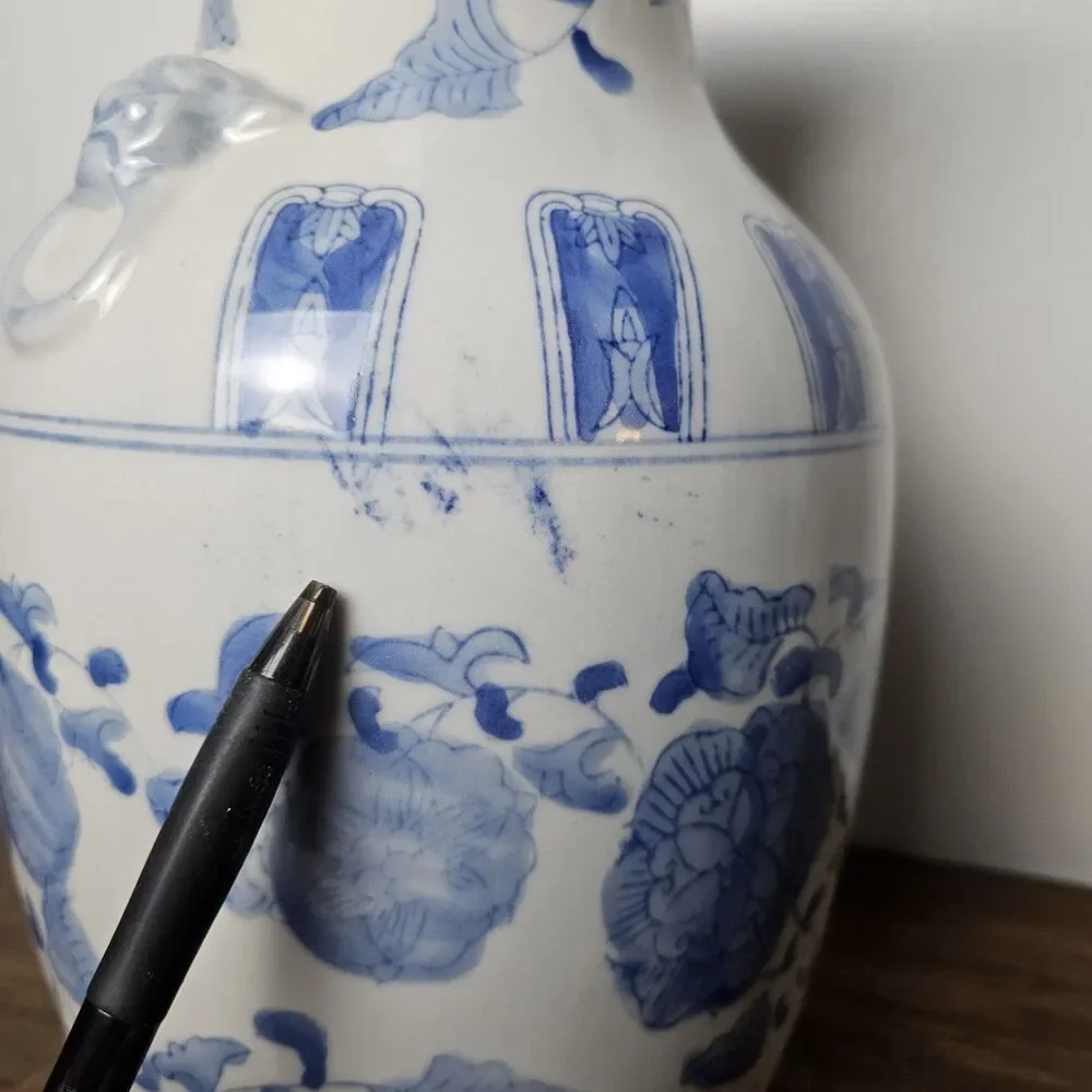 Vintage Chinoiserie Blue White Porcelain Vase Foo Dog Lion Handles Floral 15